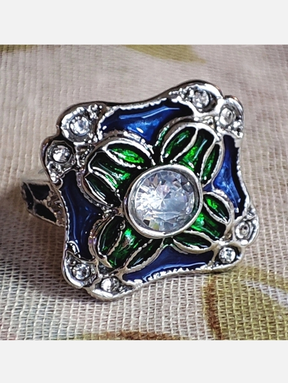 Enameled Navy Blue Green Clear Rhinestones Silver Rhodium Plated Size 8 Ring NEW